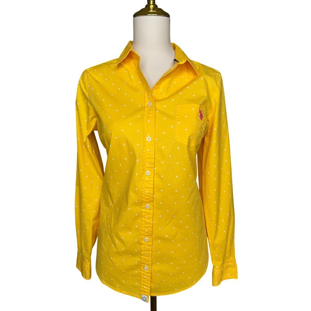 Woman's U.S. Polo Assn Yellow Polka Dot Button Down Shirt Stretch Cotton Medium - Picture 4 of 11